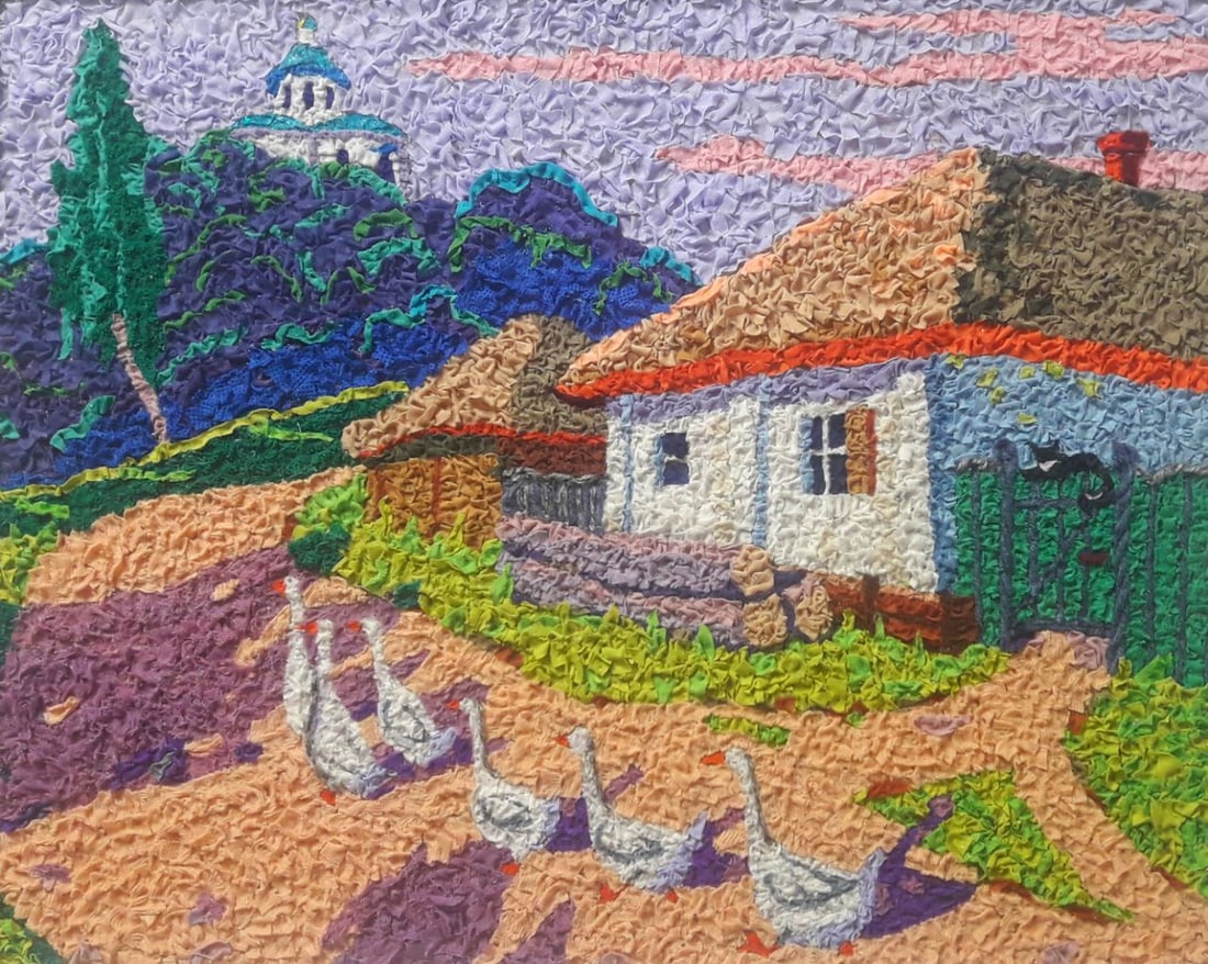 Handicraft Geese: Title: Handicraft Geese Description: 09Serd Painter: Size: 40x50 cm/15,75x19,68 inches Components: Fabric, glue, fiberboard Original Artwork from our collection ERA: 2022 $190 Shipping: Domestic: