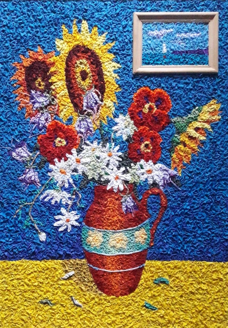 Handicraft With Ukraine in my heart: Title: Handicraft With Ukraine in my heart Description: 10Serd Painter: Size: 70x50 cm/27,56x19,68 inches Components: Fabric, glue, fiberboard Original Artwork from our collection ERA: $290 Shipping: