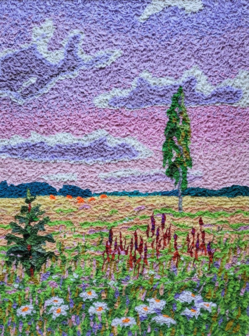 Handicraft Summer meadow: Title: Handicraft Summer meadow Description: 18Serd Painter: Size: 60x45 cm/23,62x17,71 inches Components: Fabric, glue, fiberboard Original Artwork from our collection ERA: 2023 $290 Shipping: