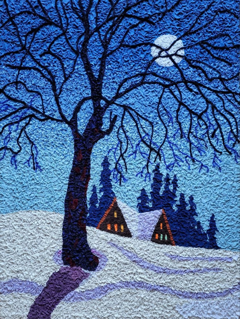 Handicraft Moonlight night: Title: Handicraft Moonlight night Description: 21Serd Painter: Size: 60x45 cm/23,62x17,71 inches Components: Fabric, glue, fiberboard Original Artwork from our collection ERA: 2023 $290 Shipping: