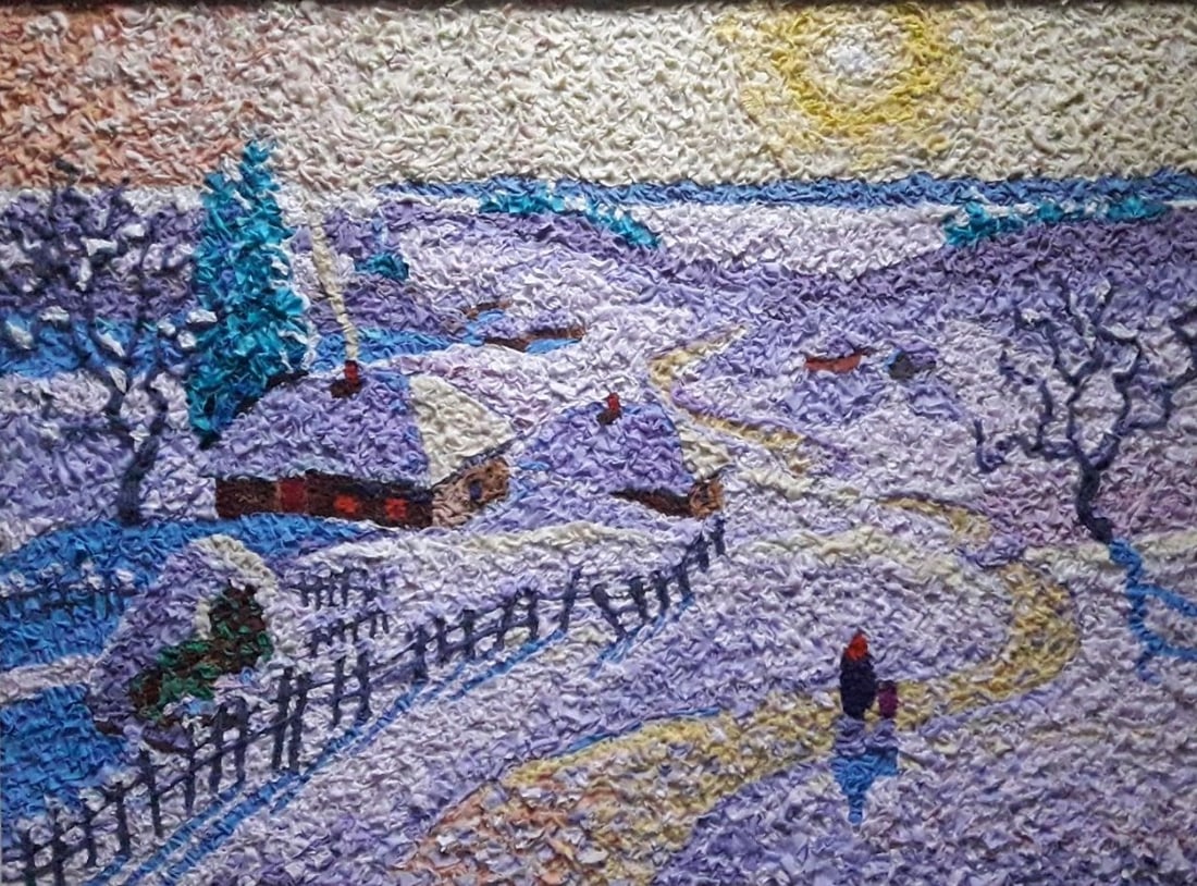 Handicraft Freezing day: Title: Handicraft Freezing day Description: 22Serd Painter: Size: 52x70 cm/20,47x27,56 inches Components: Fabric, glue, fiberboard Original Artwork from our collection ERA: $290 Shipping: Domestic: