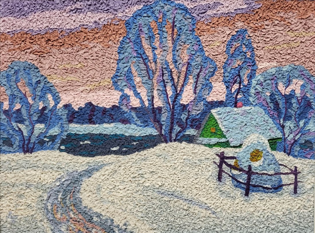 Handicraft Twilight: Title: Handicraft Twilight Description: 23Serd Painter: Size: 45x60 cm/17,71x23,62 inches Components: Fabric, glue, fiberboard Original Artwork from our collection ERA: 2023 $290 Shipping: Domestic: