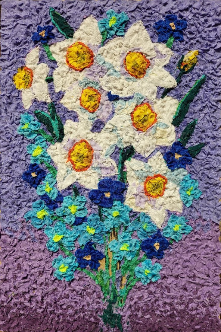 Handicraft Daffodils: Title: Handicraft Daffodils Description: 24Serd Painter: Size: 30x20 cm/11,81x7,87 inches Components: Fabric, glue, fiberboard Original Artwork from our collection ERA: $150 Shipping: Domestic:
