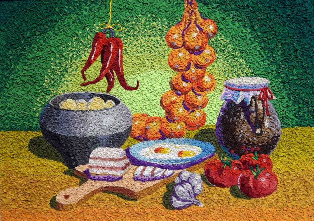 Handicraft Still life with lard: Title: Handicraft Still life with lard Description: 26Serd Painter: Size: 50x70 cm/19,68x27,56 inches Components: Fabric, glue, fiberboard Original Artwork from our collection ERA: 2022 $290