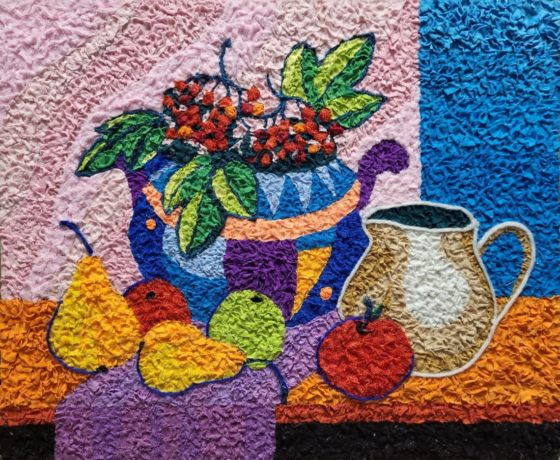 Handicraft Still life with fruits: Title: Handicraft Still life with fruits Description: 27Serd Painter: Size: 33x40 cm/12,99x15,75 inches Components: Fabric, glue, fiberboard Original Artwork from our collection ERA: $290 Shipping:
