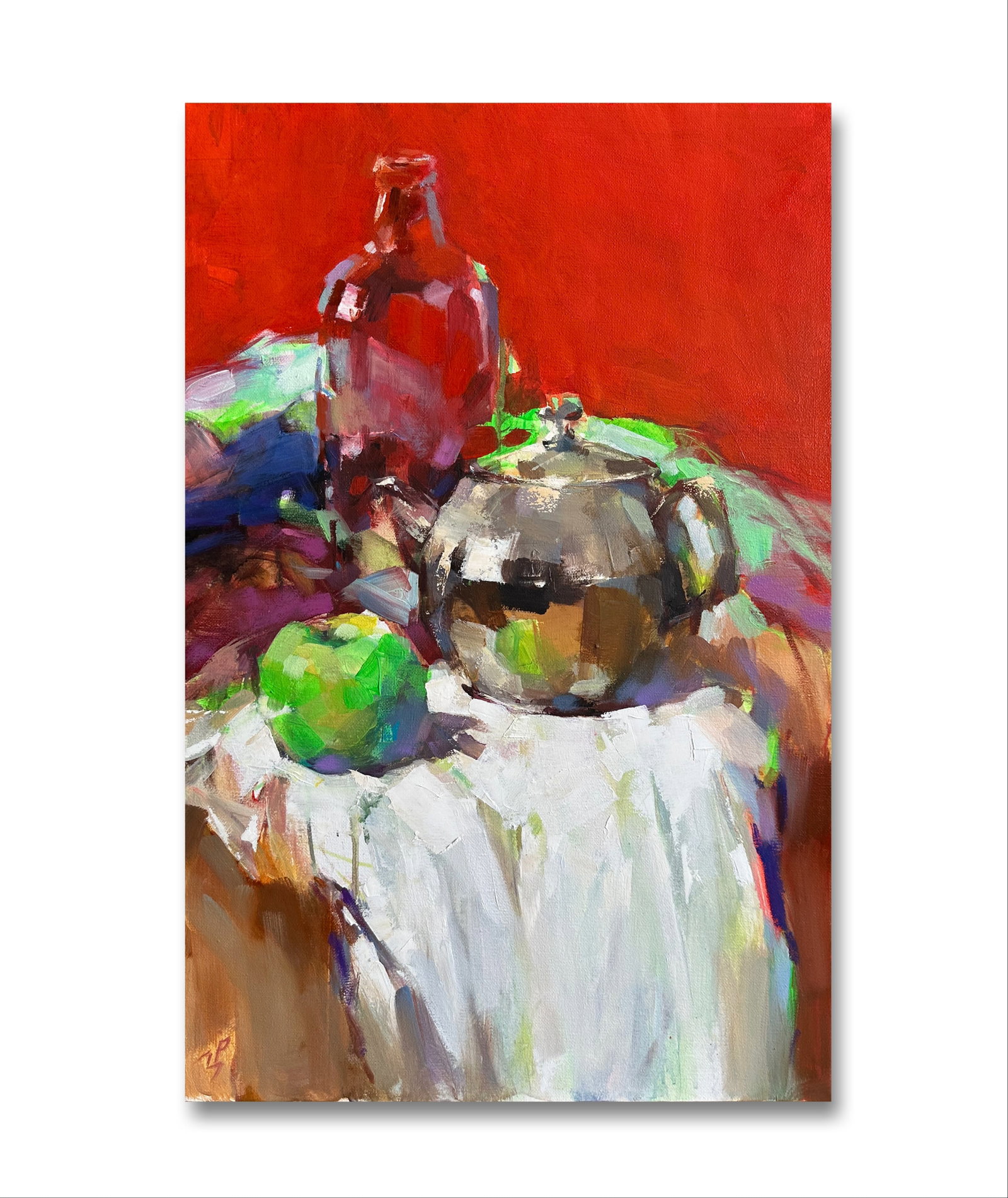 Oil still life painting Green apple Ivan T.: Title: Oil still life painting Green apple Ivan T. Description: 1IT Painter: Ivan T. Size: 60x40 cm/23.62x15.74 inches Components: oil, acrylic, canvas Original painting from our collection ERA: 2024