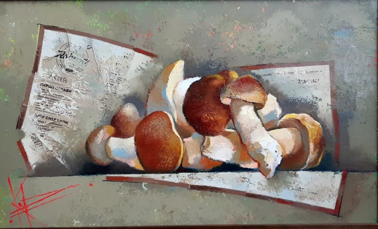 Oil painting White Mushrooms Oksana Kyrylenko: Title: Oil painting White Mushrooms Oksana Kyrylenko Description: 28KOR Painter: Oksana Kyrylenko Size: 30x45 cm/12x17.7 inches Components: oil, canvas Original painting ERA: 2021 Oksana Ivanivnawas