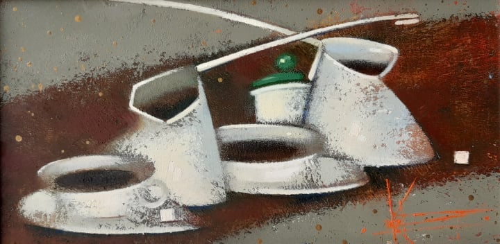 Oil painting Double coffee Oksana Kyrylenko: Title: Oil painting Double coffee Oksana Kyrylenko Description: 31KOR Painter: Oksana Kyrylenko Size: 18x35 cm/7.09x13.8 inches Components: oil, canvas Original painting ERA: 2019 Oksana Ivanivna was