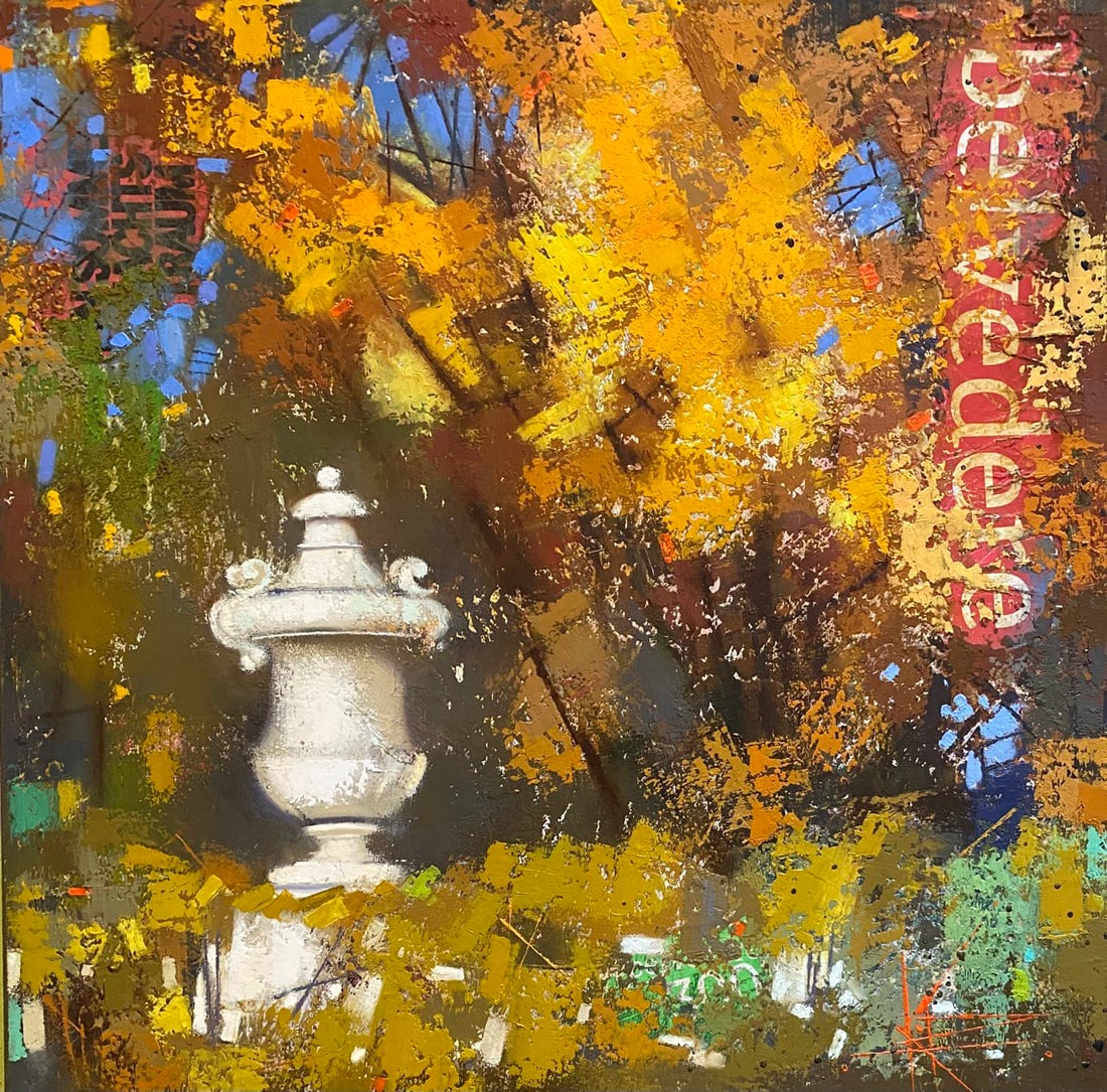 Abstract Oil painting Autumn in Belvedere Park Oksana Kyrylenko: Title: Abstract Oil painting Autumn in Belvedere Park Oksana Kyrylenko Description: 133KOR Painter: Oksana Kyrylenko Size: 40x40 cm/15,75x15,75 inches Components: oil, canvas, collage Original paintin