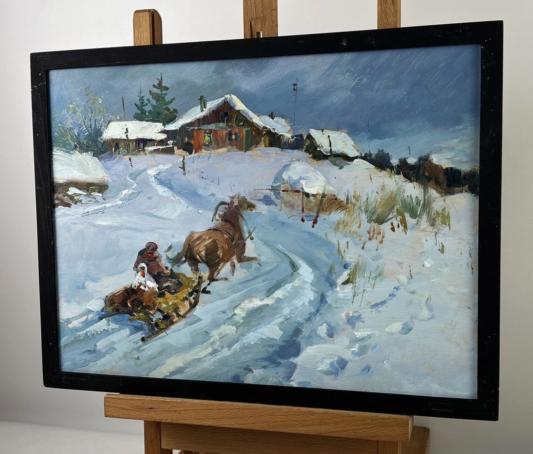 Oil painting Horse drawn carriage in Winter Village Yuriy Suprunchuk - 2