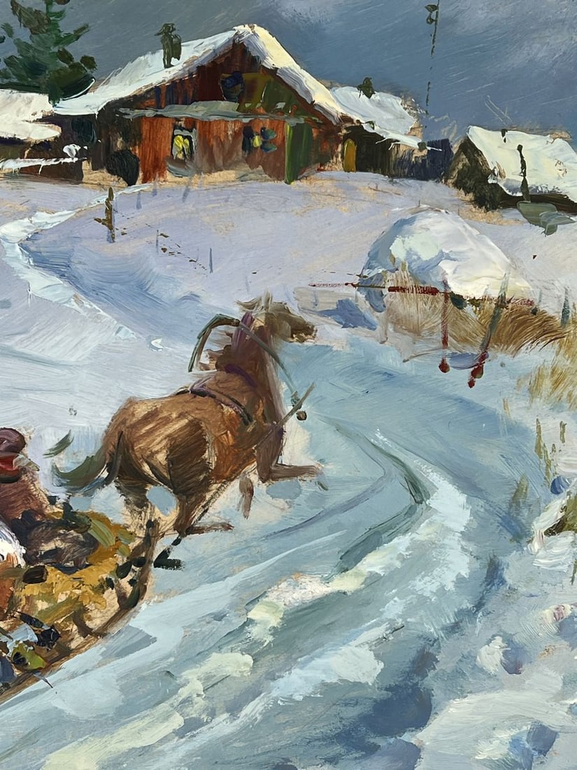 Oil painting Horse drawn carriage in Winter Village Yuriy Suprunchuk - 7