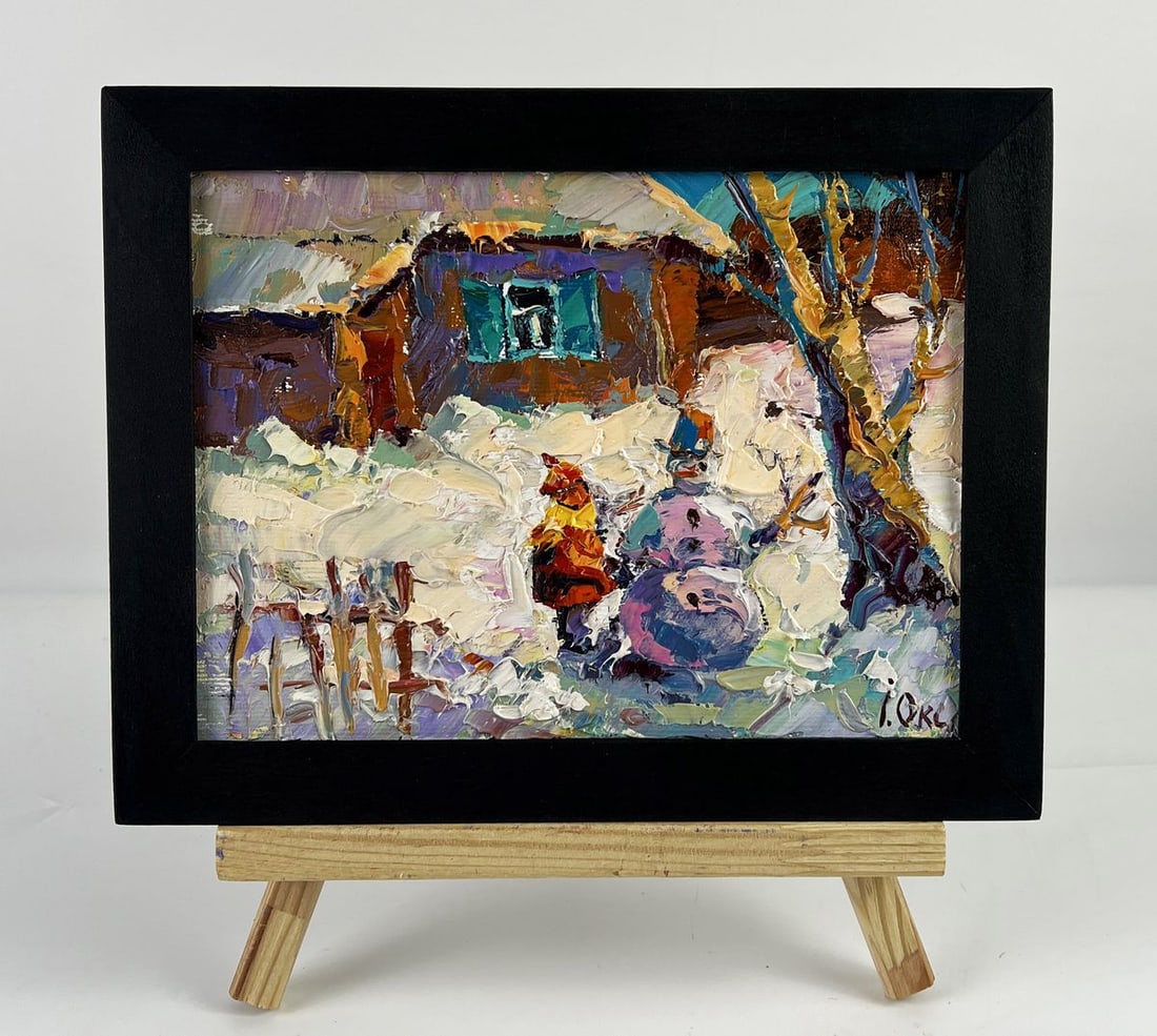 Oil painting Snowman in Front of the House Oksana Ivanyuk (1 of 11)