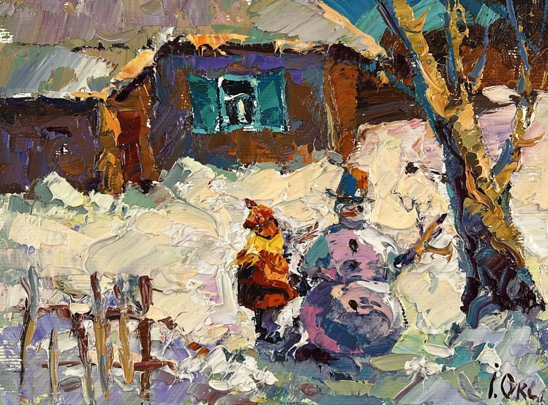 Oil painting Snowman in Front of the House Oksana Ivanyuk - 3