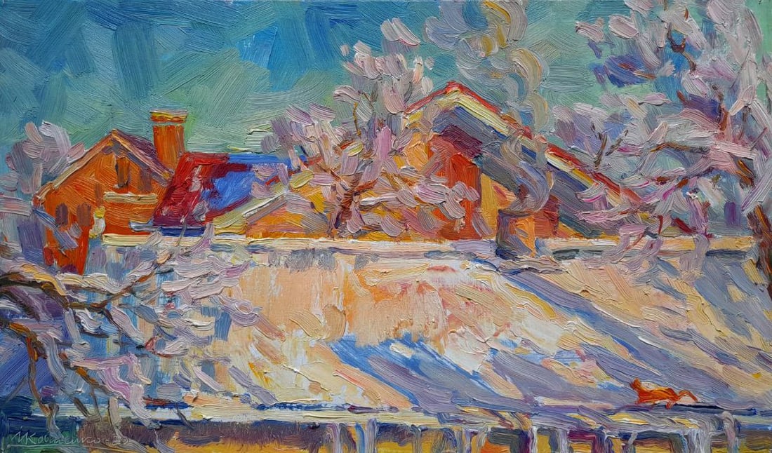 Oil painting Magic of winter Ivan Kovalenko: Title: Oil painting Magic of winter Ivan Kovalenko Description: NoKoval 245The Oil painting on Cardboard titled "Magic of winter" captures the enchanting charm of a frosty season with a radiant