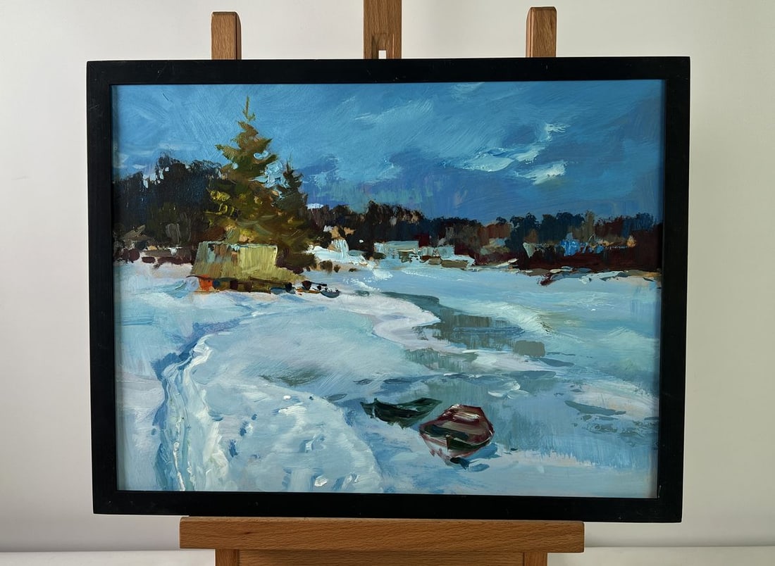 Oil painting Frozen winter river Yuriy Suprunchuk: Title: Oil painting Frozen winter river Yuriy Suprunchuk Description: NoAAA4946The oil painting on cardboard titled "Frozen Winter River" captures the stark beauty and quiet stillness of a remote, sno