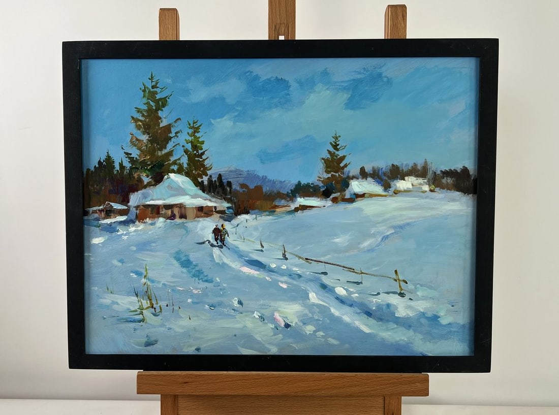 Oil painting Along the snowy path Yuriy Suprunchuk: Title: Oil painting Along the snowy path Yuriy Suprunchuk Description: NoAAA4949The oil painting on cardboard titled "Along the Snowy Path" presents a heartwarming and tranquil winter scene that captu