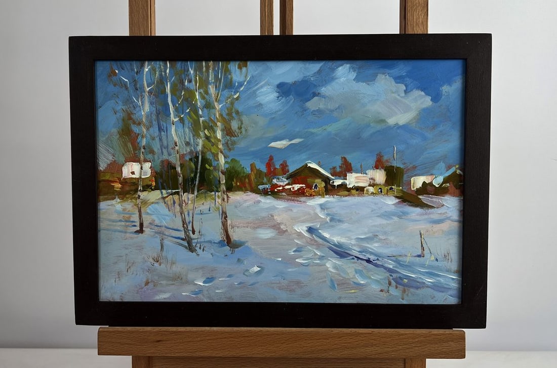 Oil painting Winter path leading home Yuriy Suprunchuk: Title: Oil painting Winter path leading home Yuriy Suprunchuk Description: NoAAA4982The oil painting on cardboard titled "Winter Path Leading Home" captures the essence of a quiet, snow-covered villag