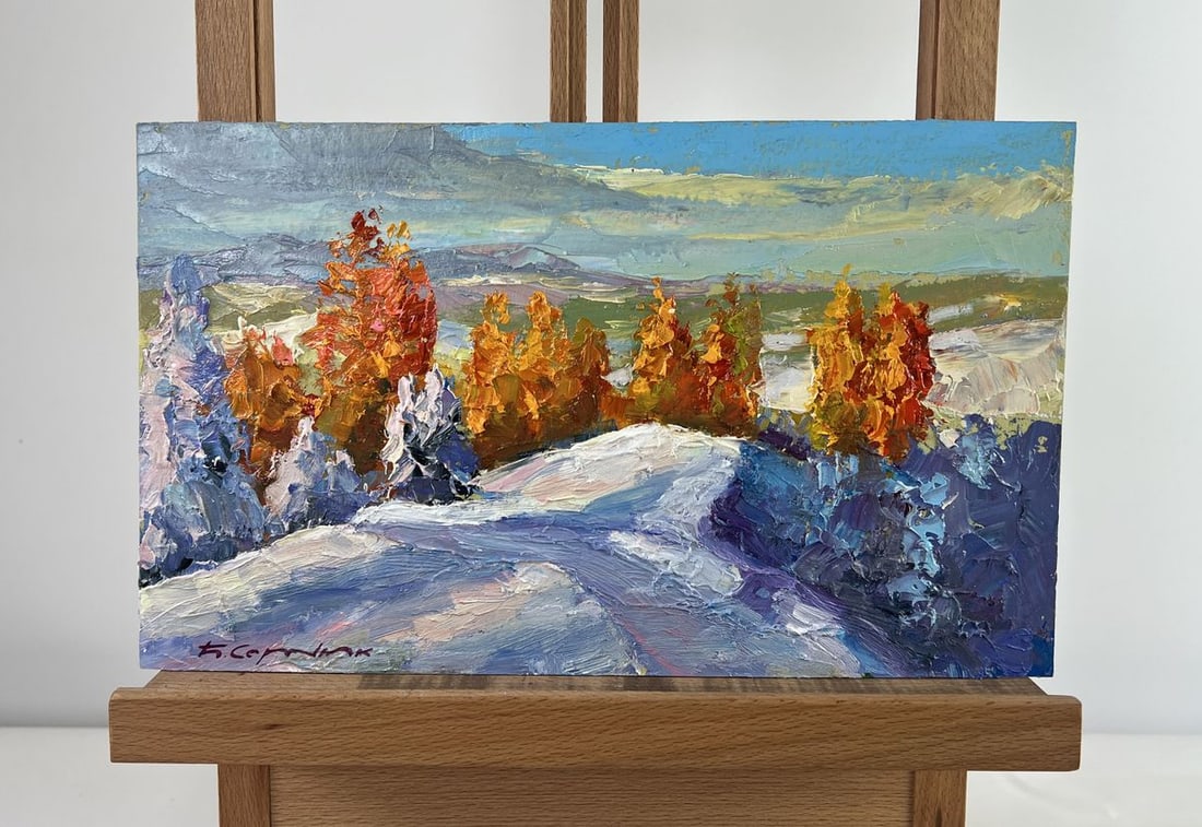 Oil painting The silence of winter Boris Serdyuk: Title: Oil painting The silence of winter Boris Serdyuk Description: NoAAA4770The oil painting on Cardboard titled "The Silence of Winter" captures the serene and majestic beauty of a snow-covered lan