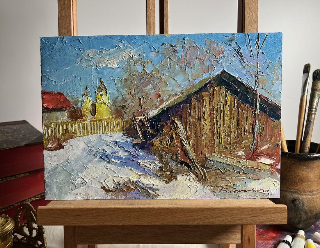 Oil painting It snowed in the city Boris Serdyuk: Title: Oil painting It snowed in the city Boris Serdyuk Description: NoAAA3704"It Snowed in the City" is a captivating oil painting on cardboard that captures the serene yet dynamic atmosphere of a