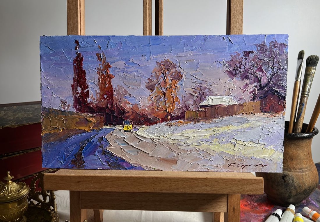 Oil painting The street was covered with snow Boris Serdyuk: Title: Oil painting The street was covered with snow Boris Serdyuk Description: NoAAA3705"The Street Was Covered with Snow" is a striking oil painting on cardboard that beautifully captures the transi