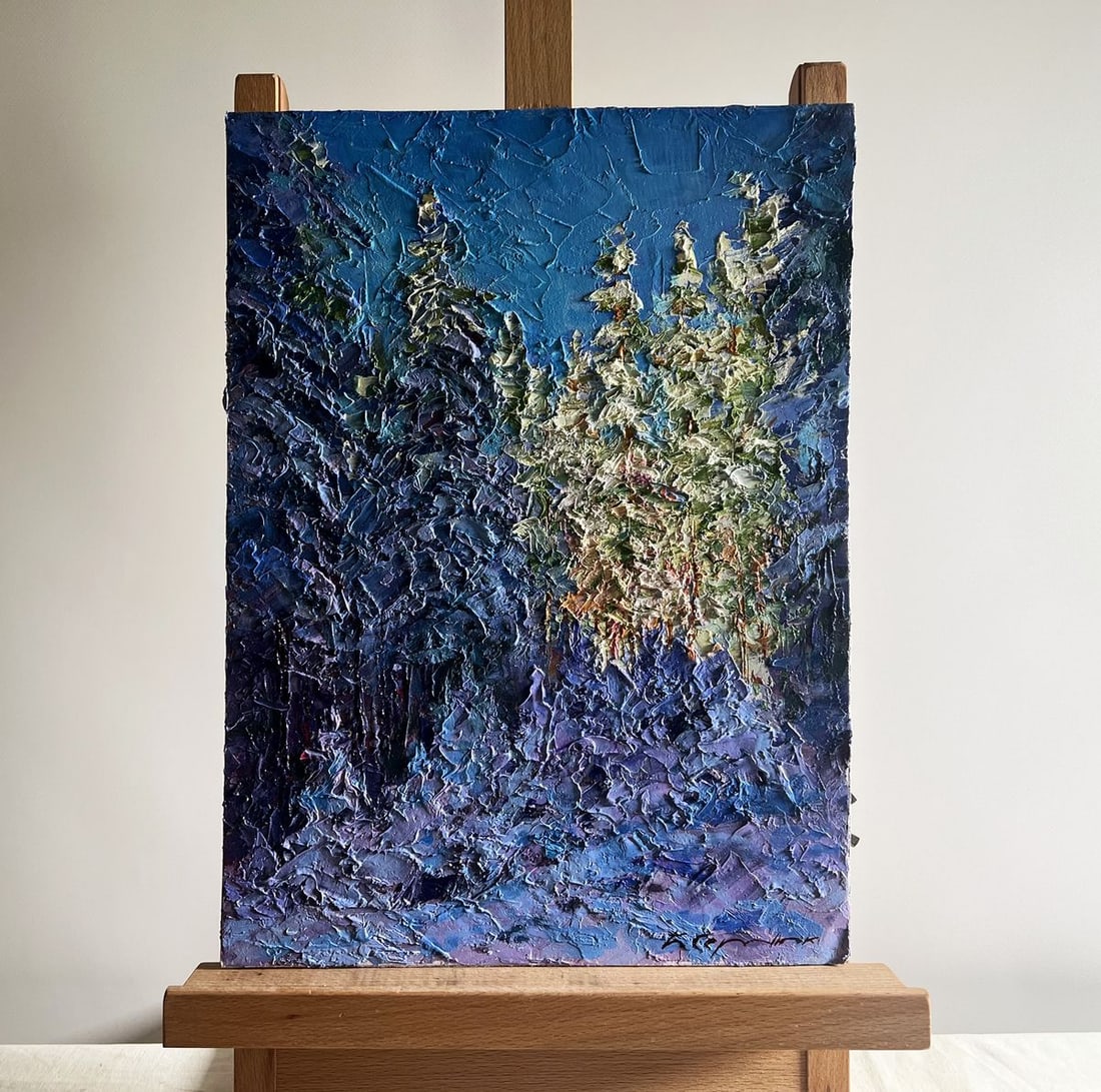 Oil painting Winter in the forest Boris Serdyuk: Title: Oil painting Winter in the forest Boris Serdyuk Description: NoAAA3732The oil painting on cardboard, titled "Winter in the Forest", captures the serene beauty of a snow-covered woodland bathed