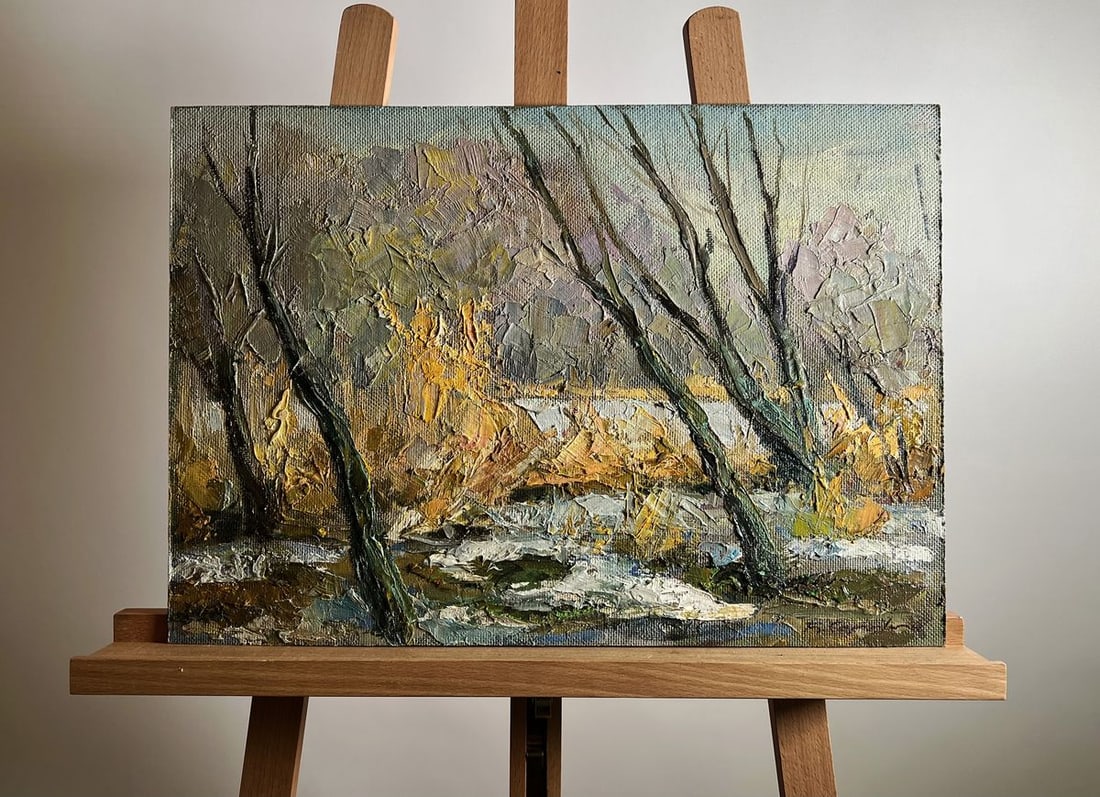 Oil painting The first snow fell Boris Serdyuk: Title: Oil painting The first snow fell Boris Serdyuk Description: NoAAA3751The oil painting on cardboard, titled "The First Snow Fell", beautifully captures the fleeting moment when autumn gives way 