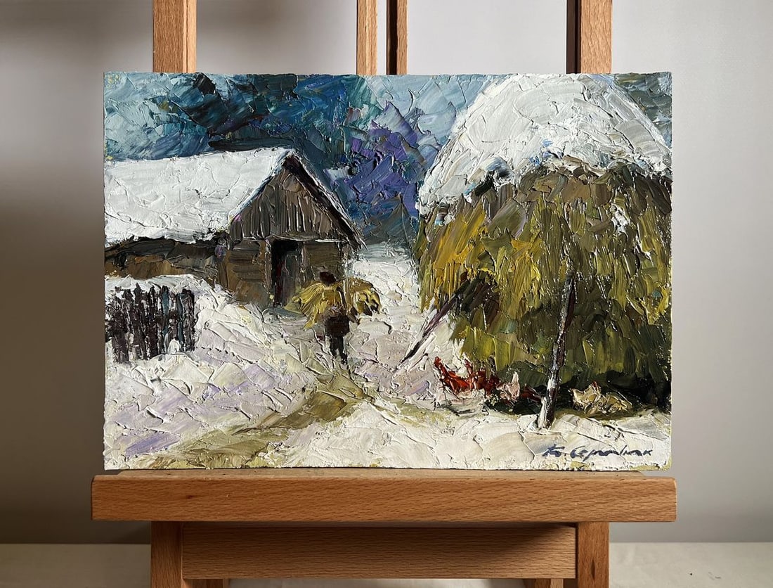 Oil painting Winter bustle in the yard Boris Serdyuk: Title: Oil painting Winter bustle in the yard Boris Serdyuk Description: NoAAA3781This oil painting cardboard, titled "Winter bustle in the yard", the composition is structured to create a sense of de