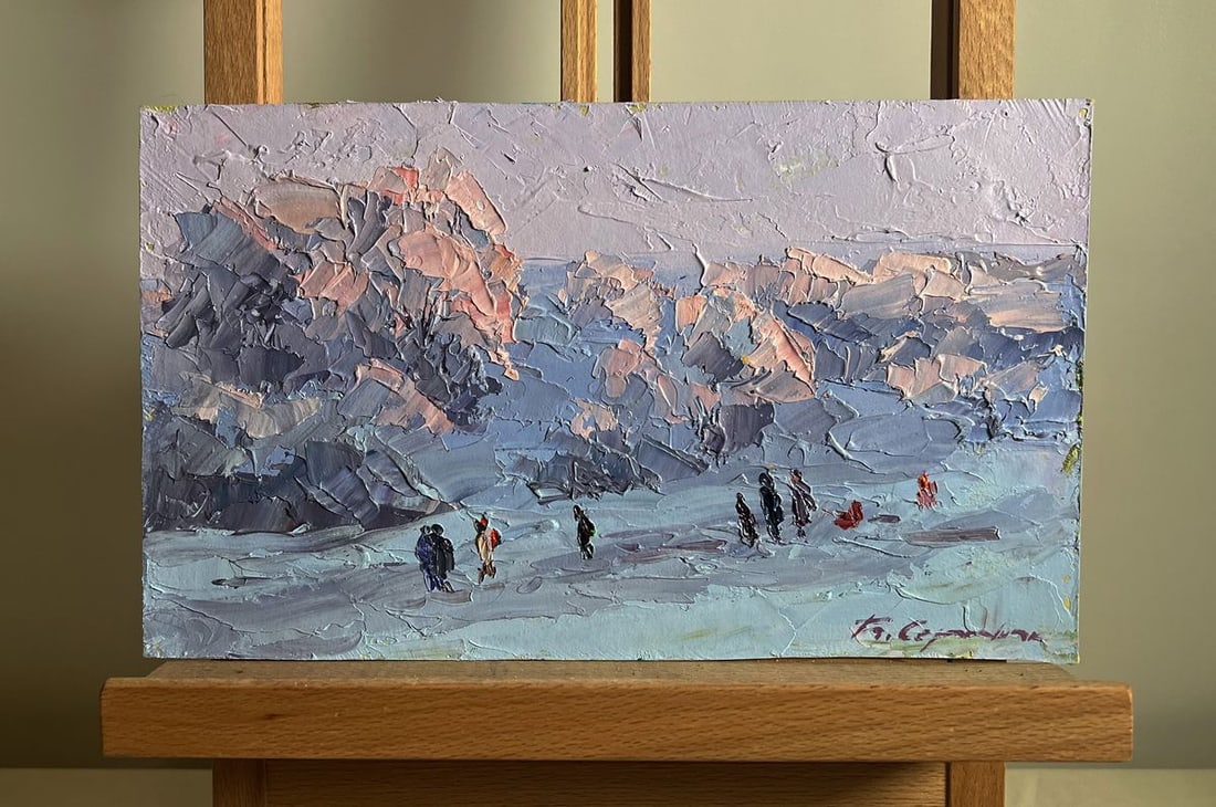 Oil painting Walking on a frosty day Boris Serdyuk: Title: Oil painting Walking on a frosty day Boris Serdyuk Description: NoAAA3792This oil painting cardboard, titled "Walking on a Frosty Day", the composition is well-balanced, drawing the viewer's ey