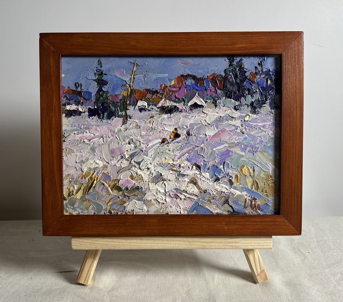 Oil painting Winter Road Home Alex Kalenyuk: Title: Oil painting Winter Road Home Alex Kalenyuk Description: NoAAA3902This oil painting cardboard, titled "Winter Road Home", the artist uses thick, textured brushstrokes to create a dynamic sense 