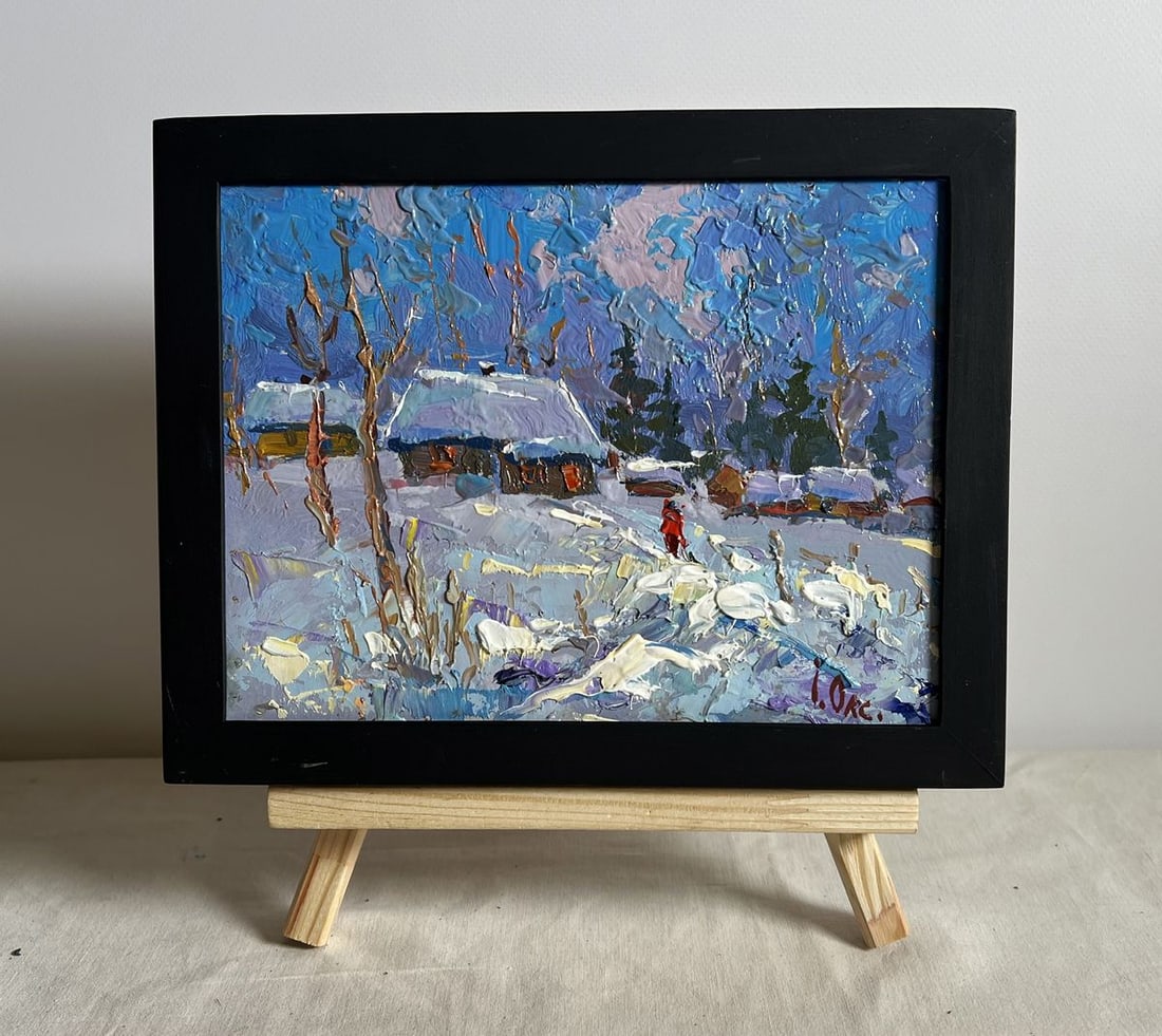 Oil painting On a frosty day Oksana Kalenyuk: Title: Oil painting On a frosty day Oksana Kalenyuk Description: NoAAA3948This oil painting cardboard, titled "On a frosty day", the artist employs an expressive impasto technique, using thick, textur