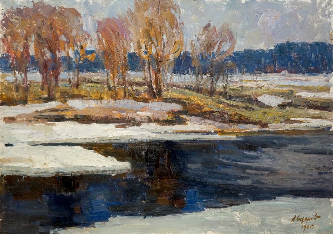 Oil painting Snow melts Sidorov Alexey Evdokimovich: Title: Oil painting Snow melts Sidorov Alexey Evdokimovich Description: NoVerns 730 *** ABOUT THIS PAINTING *** * TITLE: "Snow melts" * ARTISTS: Sidorov Alexey Evdokimovich * SIZE: 70x59 cm/'27.55x23.