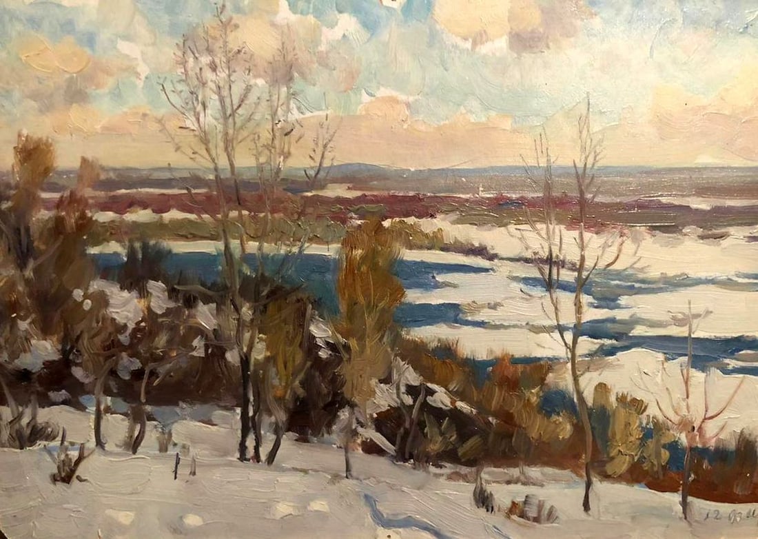 Oil painting Winter landscape: Title: Oil painting Winter landscape Description: NoGS 278 *** ABOUT THIS PAINTING *** * TITLE: "Winter landscape" * ARTISTS: Unknown artist * SIZE: 26x37 cm/'10.23x14.56 inches' * MEDIUM: oil, cardbo
