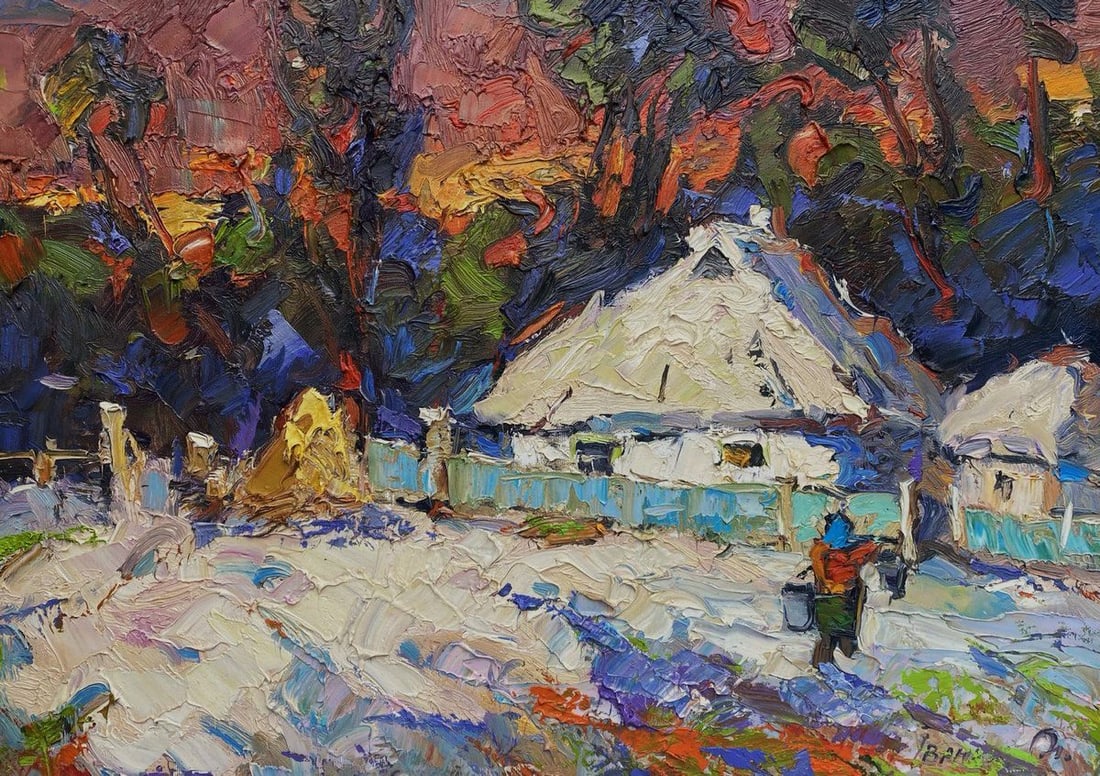 Oil painting Frosty evening Oleksiy Ivanyuk: Title: Oil painting Frosty evening Oleksiy Ivanyuk Description: NoKalen 1574The oil painting on Canvas titled "Frosty evening" captures the serene beauty and intense atmosphere of a rural village