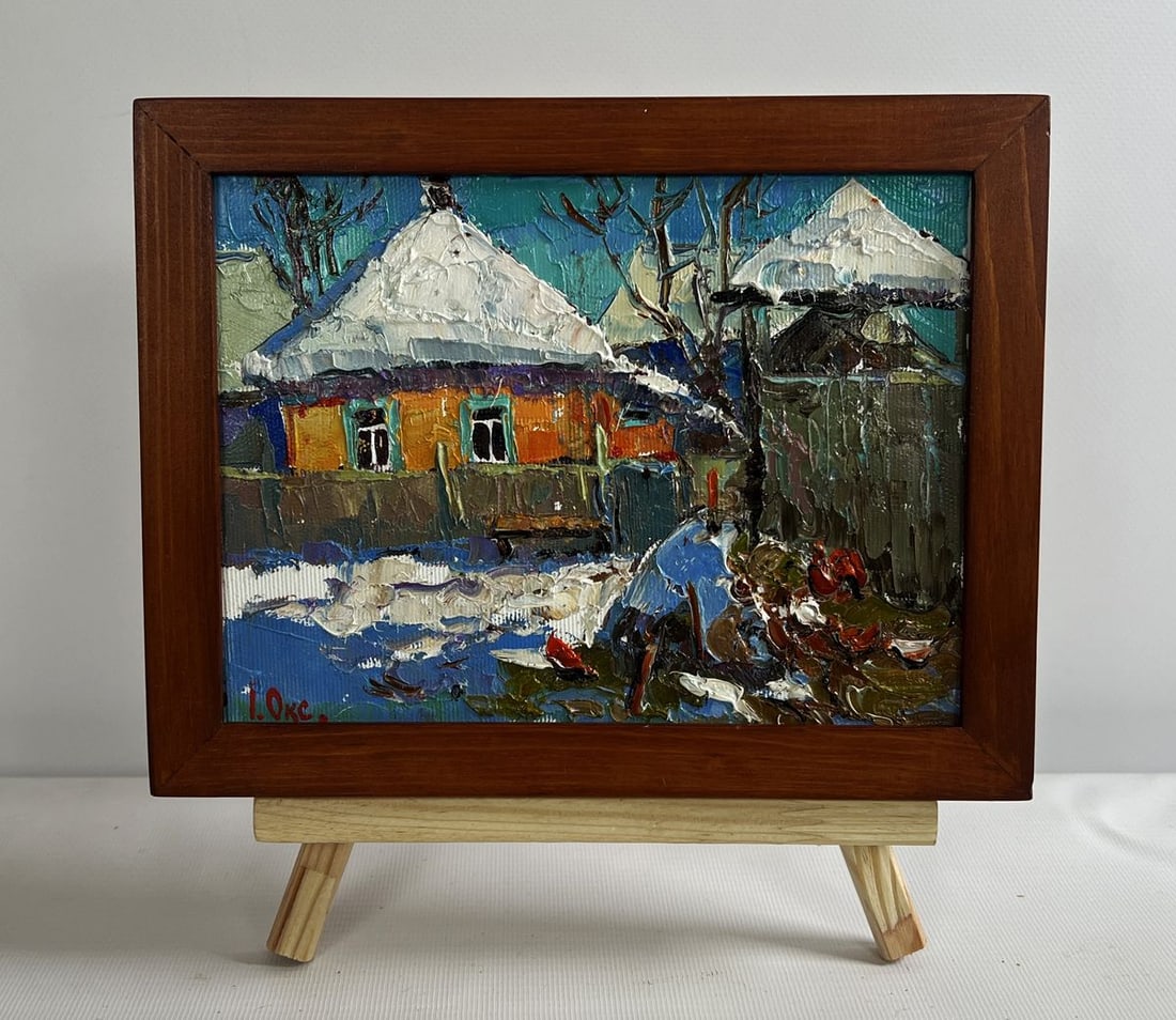 Oil painting Frosty morning in the village Oksana Kalenyuk: Title: Oil painting Frosty morning in the village Oksana Kalenyuk Description: NoAAA4680The oil painting on canvas titled "Frosty Morning in the Village" is a breathtaking portrayal of a quiet rural