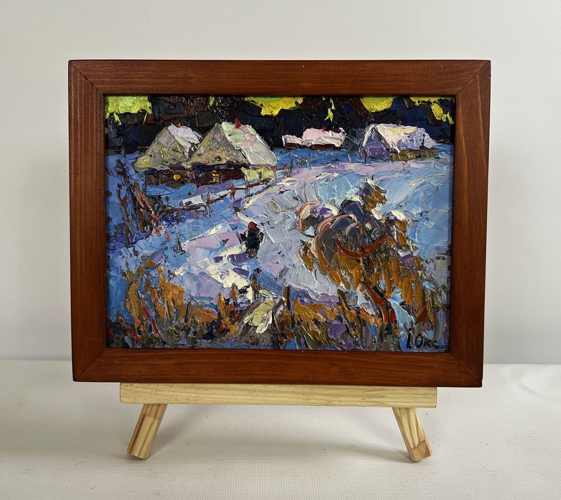 Oil painting Snowy road in the village Oksana Kalenyuk: Title: Oil painting Snowy road in the village Oksana Kalenyuk Description: NoAAA4700The oil painting on cardboard titled "Snowy Road in the Village" captures the serene yet dynamic atmosphere of a rur