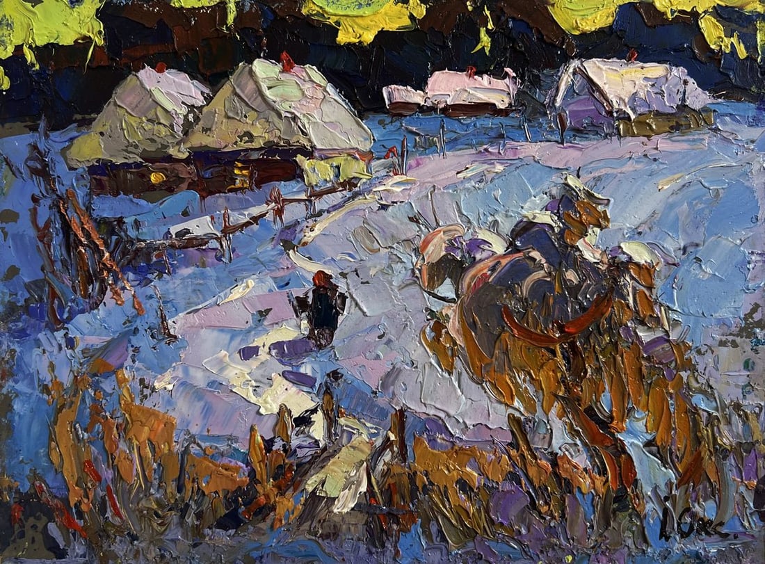 Oil painting Snowy road in the village Oksana Kalenyuk - 3