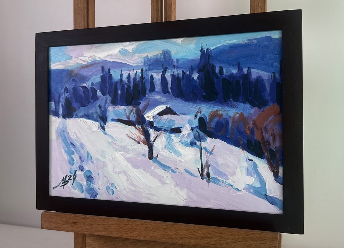 Acrylic painting Village in the winter forest Mykhailo Patskan - 2