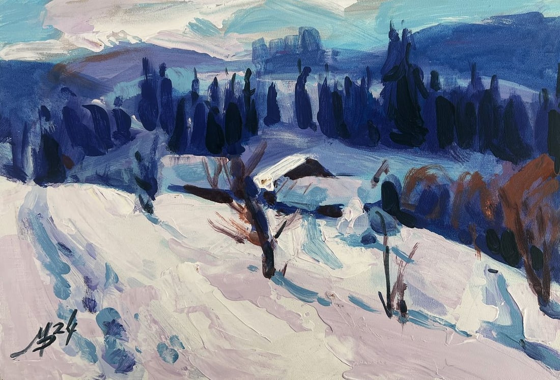 Acrylic painting Village in the winter forest Mykhailo Patskan - 3