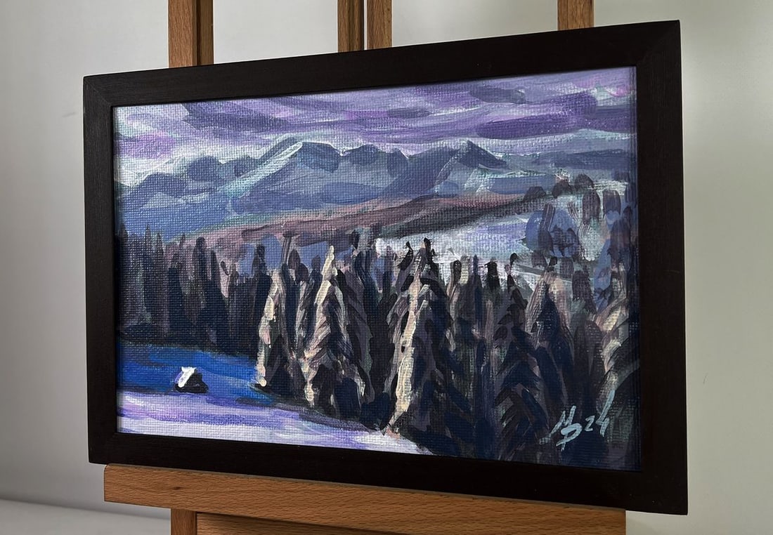 Acrylic painting Snowfall over mountain forest Mykhailo Patskan - 2