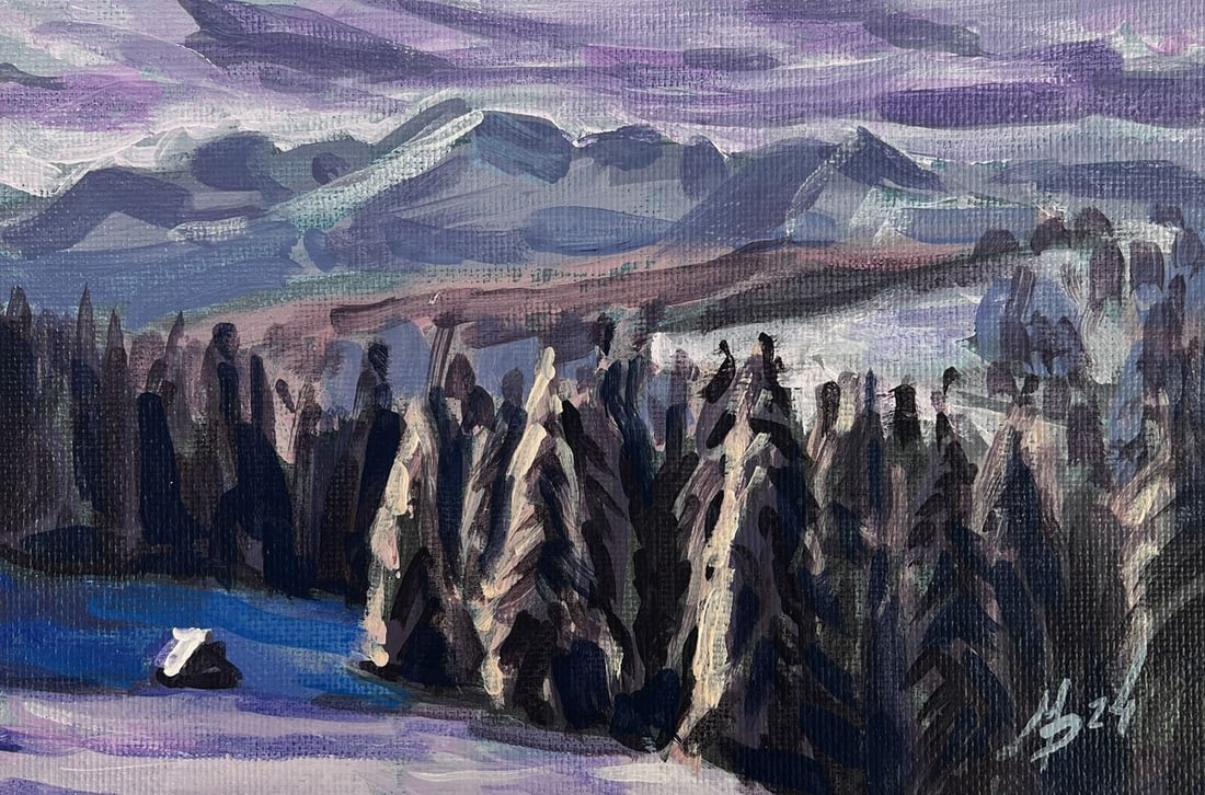 Acrylic painting Snowfall over mountain forest Mykhailo Patskan - 3