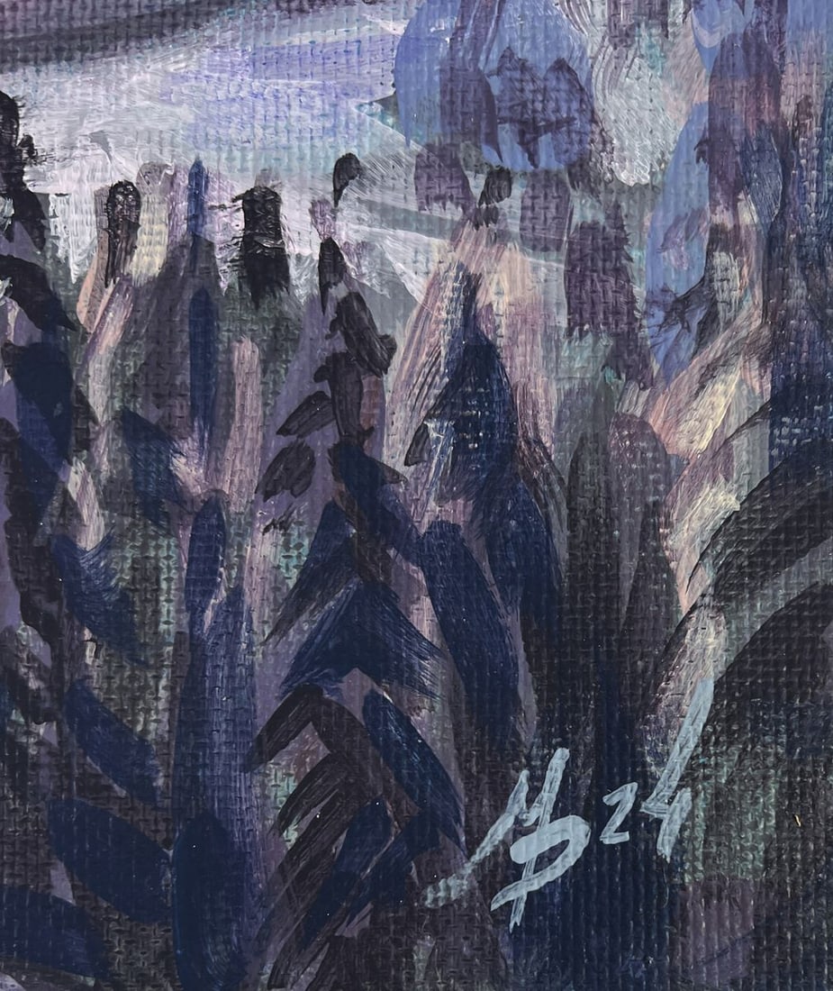 Acrylic painting Snowfall over mountain forest Mykhailo Patskan - 9
