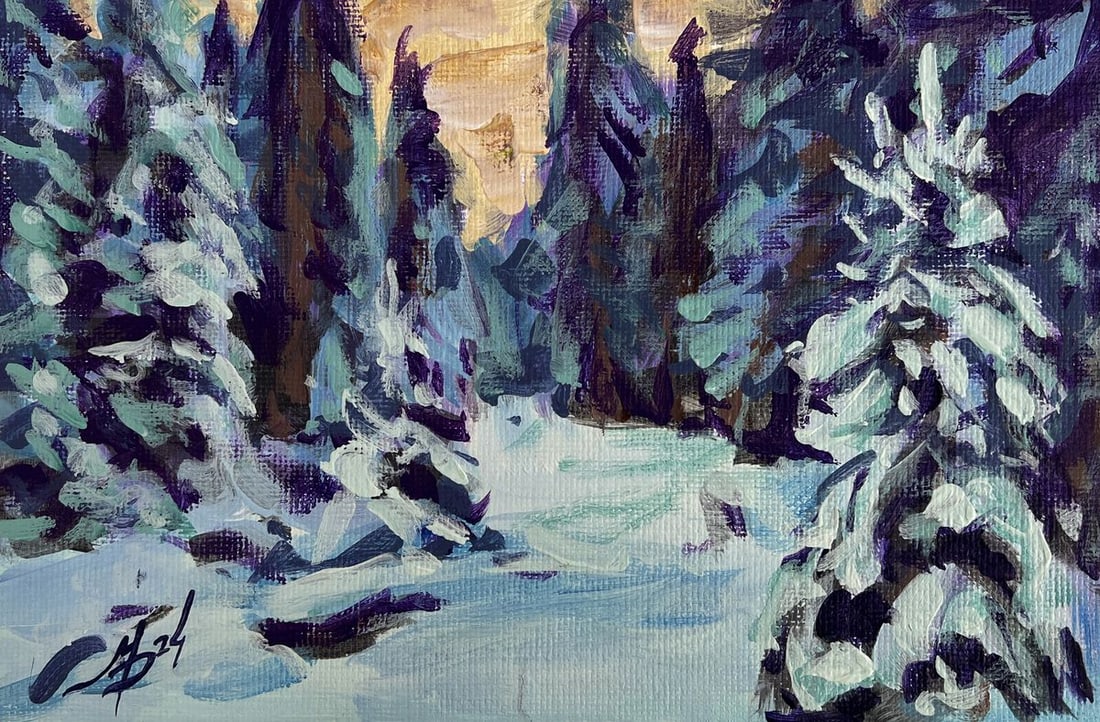 Acrylic painting Winter evening in the forest Mykhailo Patskan - 3