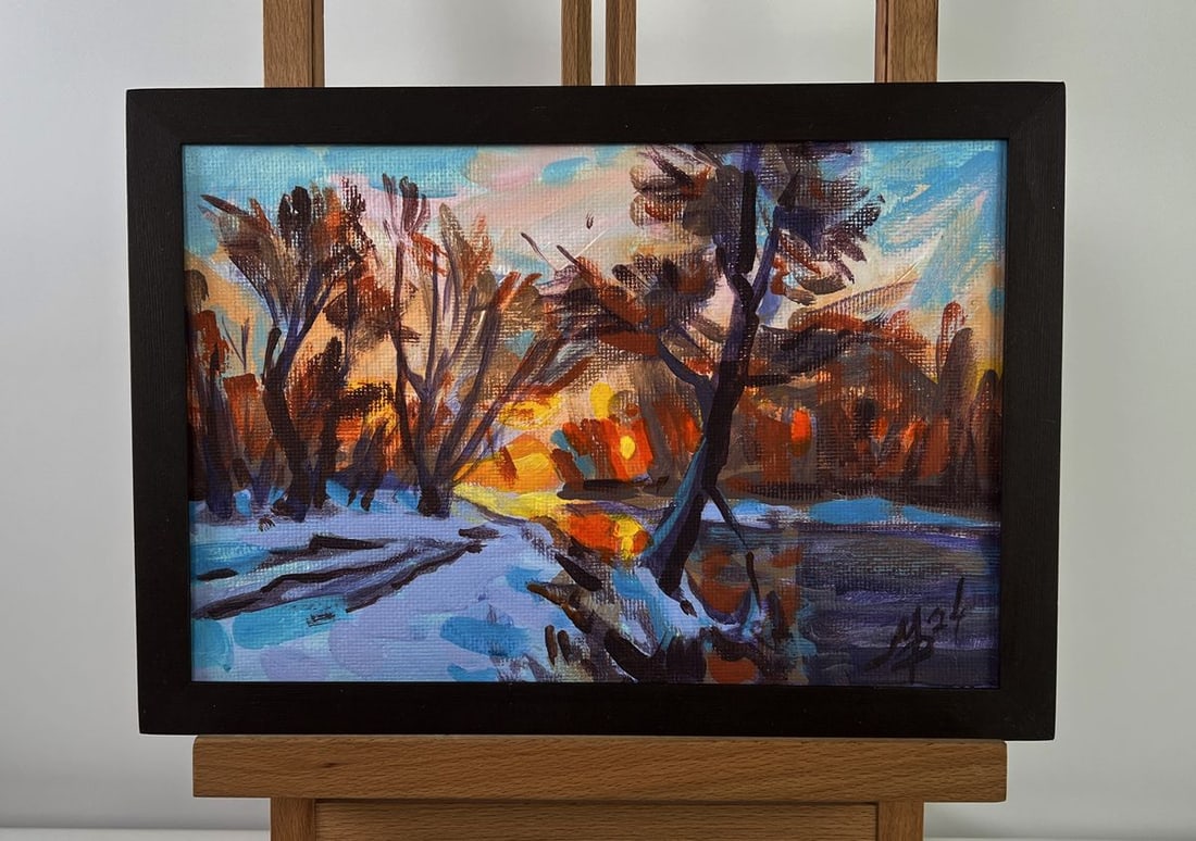 Acrylic painting Road in a snowy forest Mykhailo Patskan: Title: Acrylic painting Road in a snowy forest Mykhailo Patskan Description: NoAAA4893The acrylic painting on cardboard titled "Road in a Snowy Forest" captures a fleeting and magical moment in the