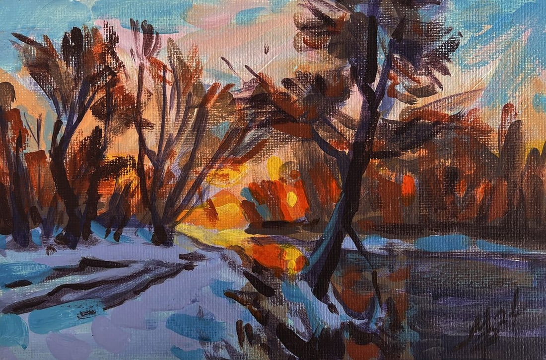 Acrylic painting Road in a snowy forest Mykhailo Patskan - 3