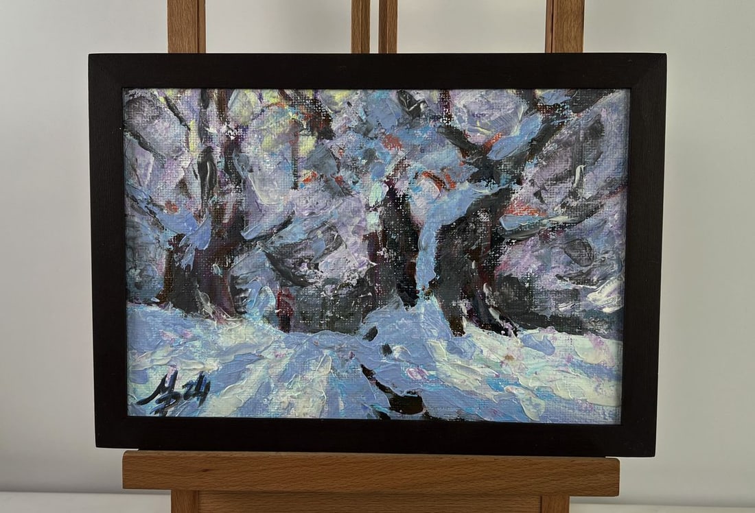 Acrylic painting Winter fairy tale in the forest Mykhailo Patskan: Title: Acrylic painting Winter fairy tale in the forest Mykhailo Patskan Description: NoAAA4910The acrylic painting on cardboard titled "Winter Fairy Tale in the Forest" transports the viewer into a m