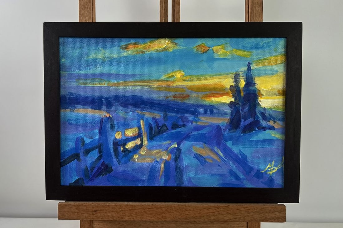 Acrylic painting Morning winter sun Mykhailo Patskan: Title: Acrylic painting Morning winter sun Mykhailo Patskan Description: NoAAA4936The acrylic painting on cardboard titled "Morning Winter Sun" captures a fleeting yet profound moment of dawn