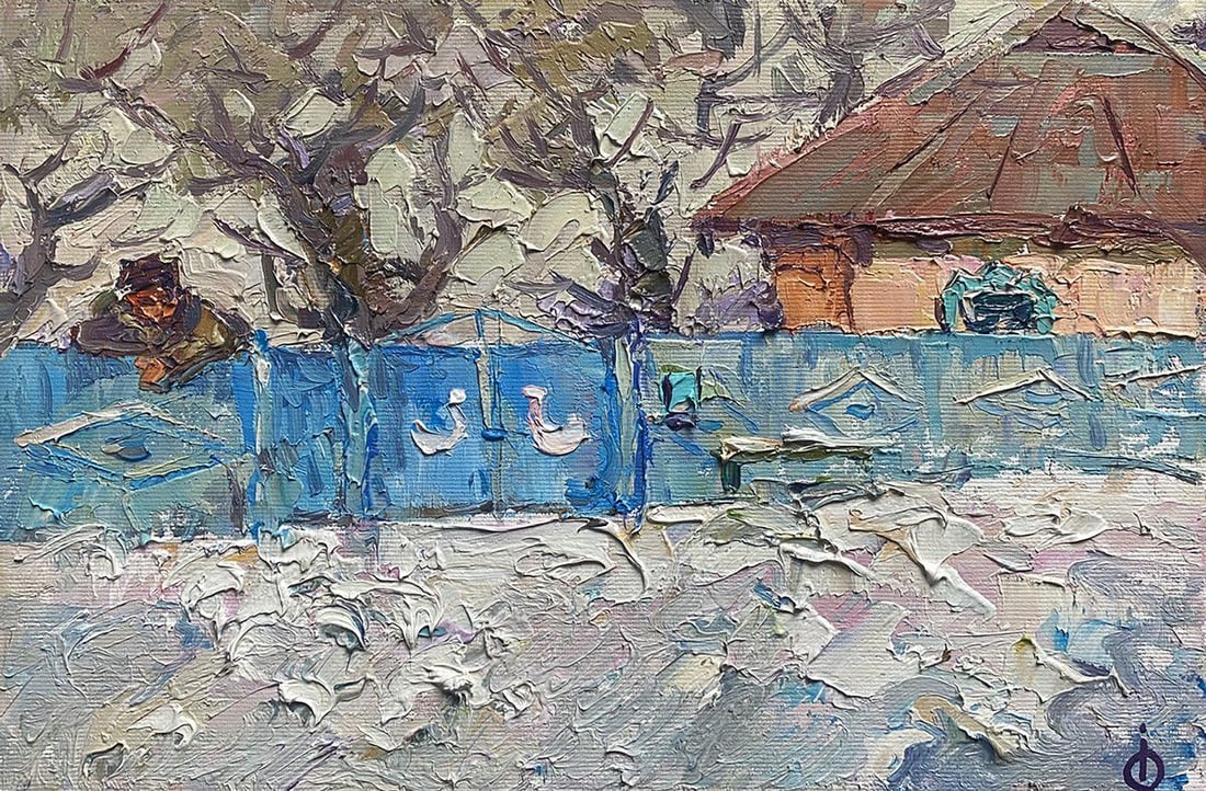 Oil painting In the evening Alex Kalenyuk: Title: Oil painting In the evening Alex Kalenyuk Description: NoKalen 1281This oil painting captures a tranquil evening scene in a textured, impressionistic style. The canvas is a flurry of dynamic