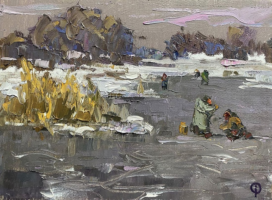 Oil painting Winter fishing Oksana Kalenyuk: Title: Oil painting Winter fishing Oksana Kalenyuk Description: NoKalen 1288"Winter Fishing" is a compelling oil painting that captures the quiet yet vibrant activity of fishing in the cold season.