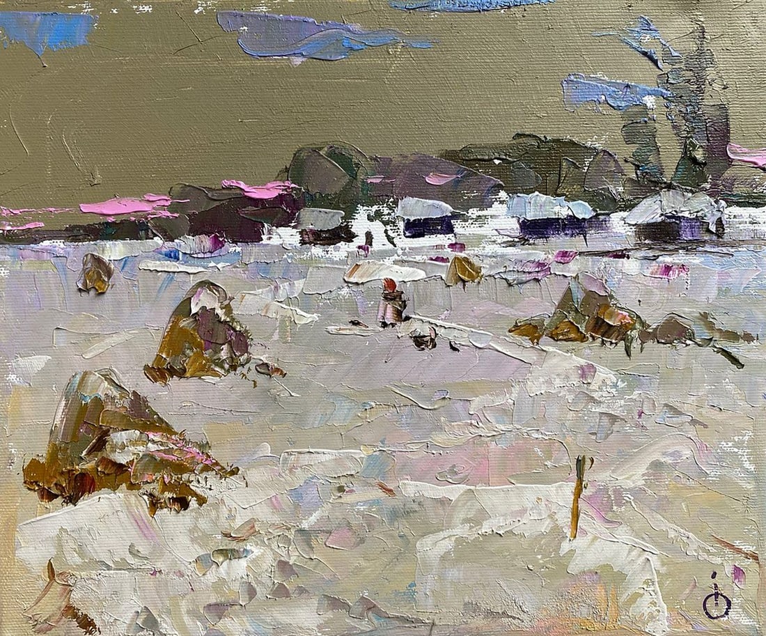 Oil painting Evening Alex Kalenyuk: Title: Oil painting Evening Alex Kalenyuk Description: NoKalen 1308"Evening" is an oil painting that encapsulates the tranquil and mysterious transition from day to night in a wintry landscape. The