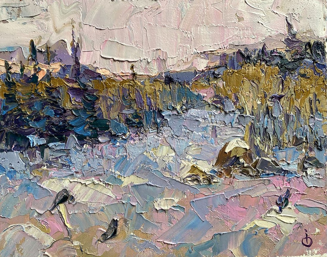 Oil painting On the edge of the forest Alex Kalenyuk: Title: Oil painting On the edge of the forest Alex Kalenyuk Description: NoKalen 1313"On the Edge of the Forest" is an evocative oil painting that captures the liminal space where an open land meets t